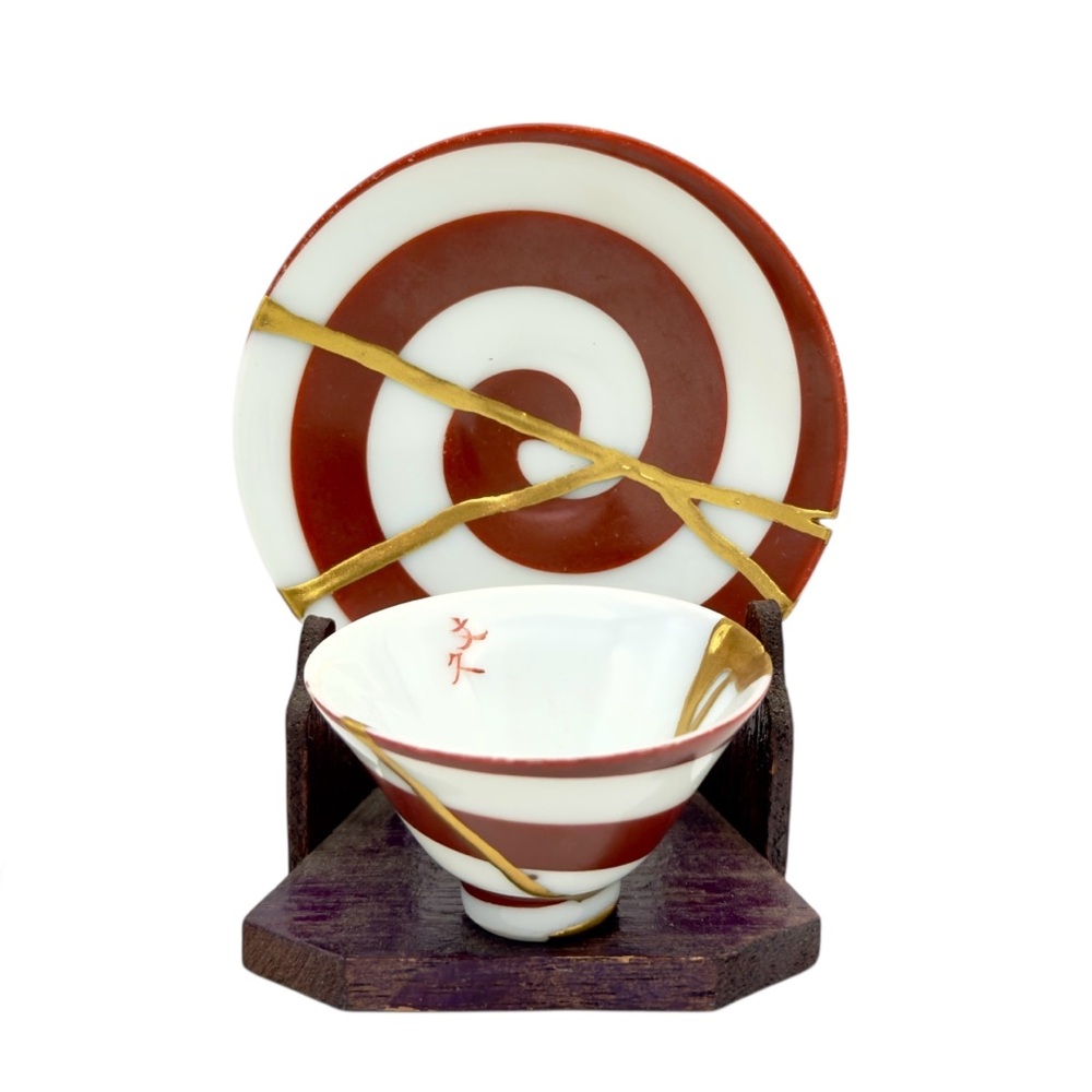 Kintsugi Sake Cup And Saucer Japanese Porcelain Mini Gold Crack Art Growth Gift